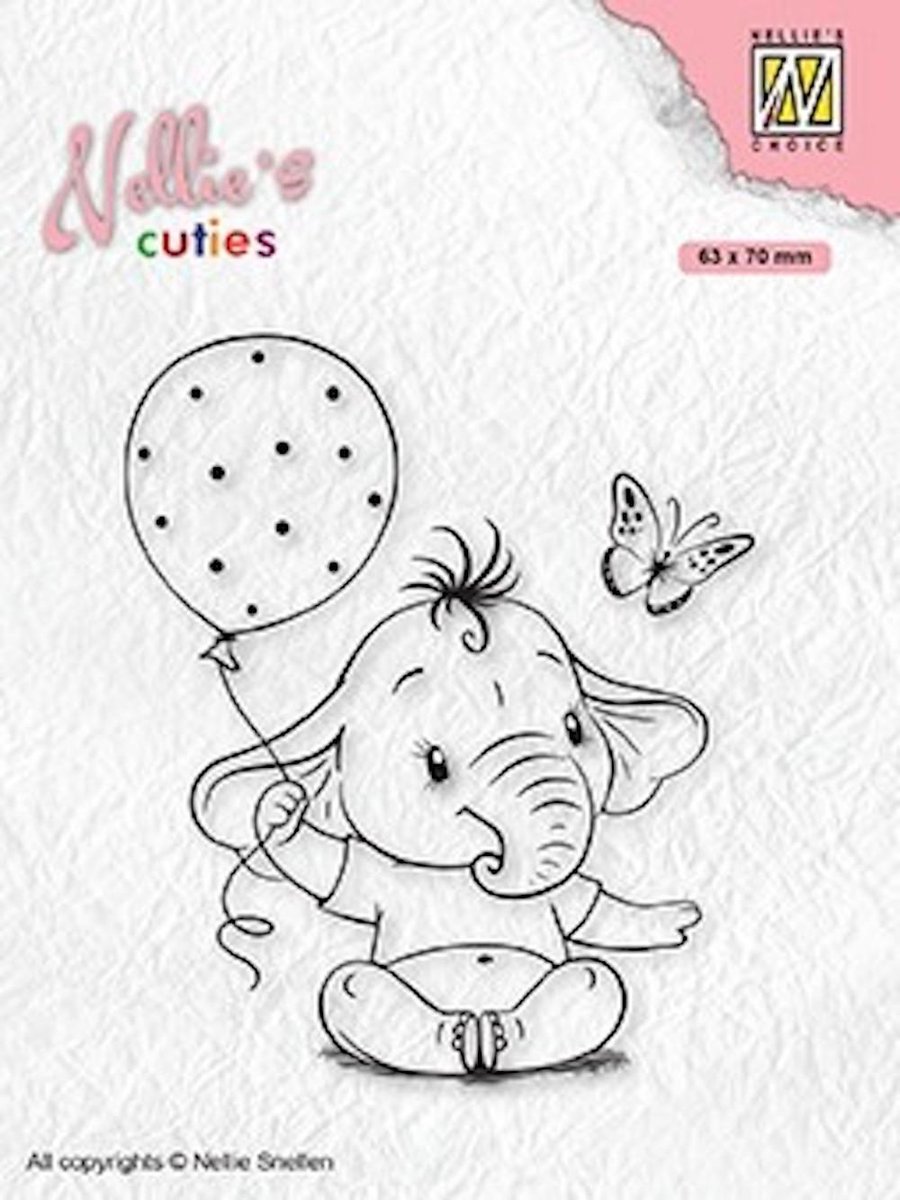 NCCS007 Clearstamp Nellie Snellen - Nellies Cuties stempel - Baby elephant with balloon - baby kind olifant ballon geboorte